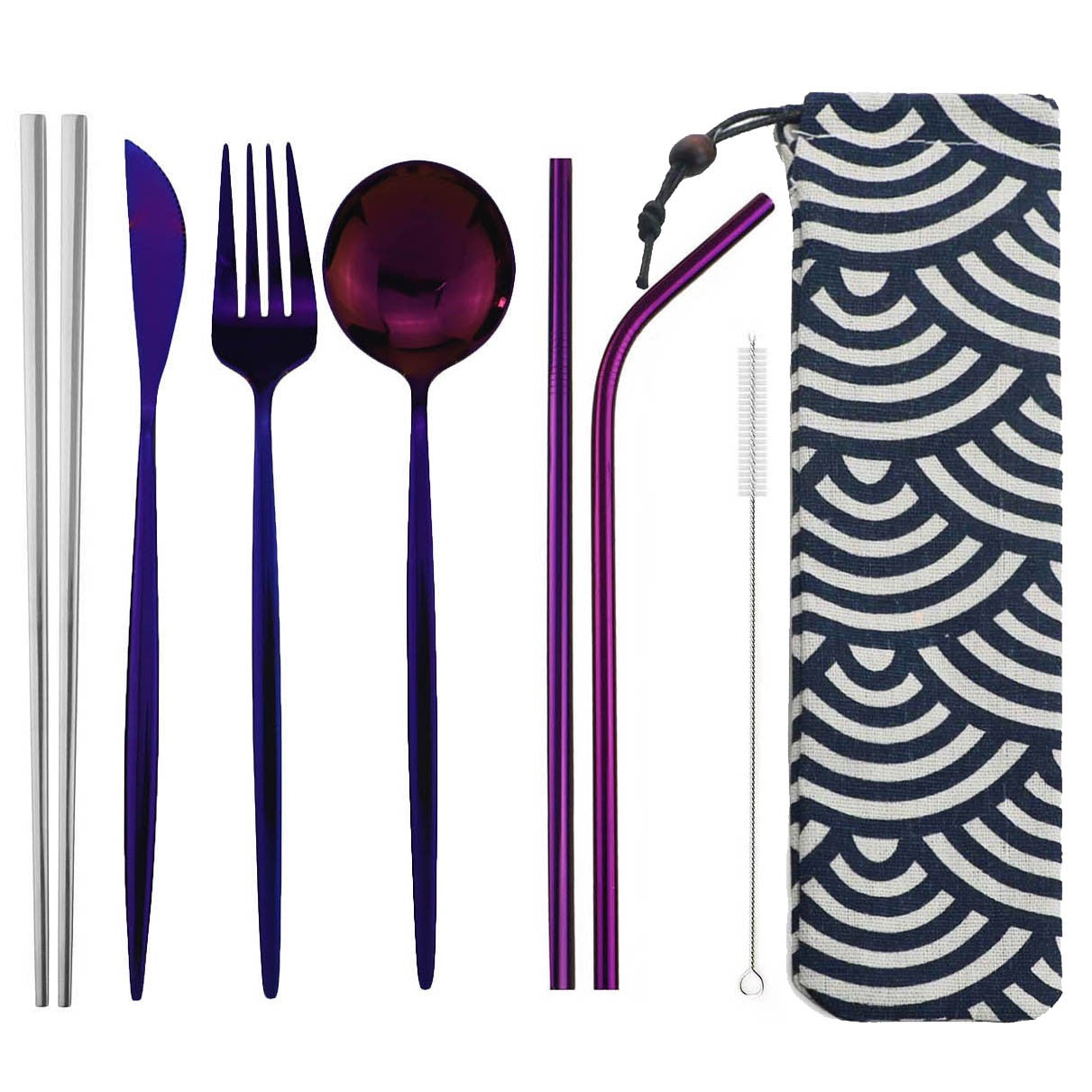 8pcs Portable Travel Knife Fork Spoon Chopsticks Straw Dinneware Set Blue Cutlery Set 304 Stainless Steel Silverware with Pouch