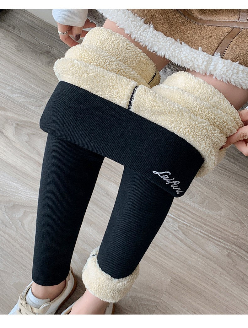 220g/350g Women High Waist Warm Thicken Tights Winter Embroidery Solid Casual Fleece Pants Comfortable Versatile Points Pants