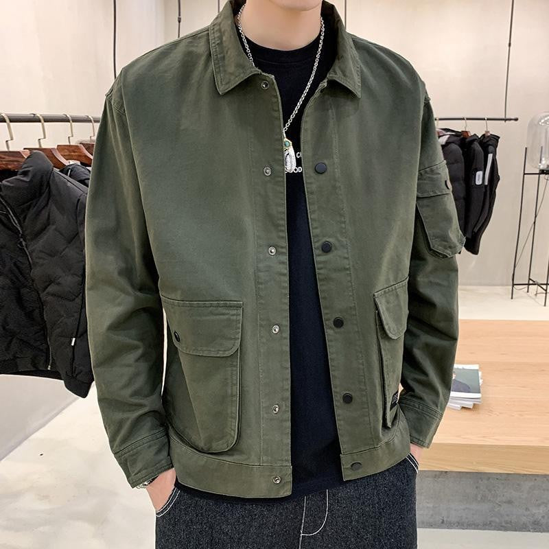 Men's Casual Jacket Spring Autumn Button Lapel Work Coat New Solid Color Multi-pocket Tops Men Fashion High Quality
