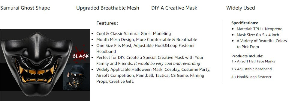 Bullsgetin Airsoft Half Face Mask - Evil Demon Monster Kabuki Samurai Hannya Oni Masquerade Ball, Party, Halloween, Cs War Game