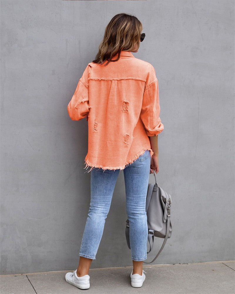 2023 Holes Raw-edges Denim Jacket Women Spring Autumn Shirt Style Jeancoat Casual Top Rose-Red Orange Purple Outerwear Lady Coat