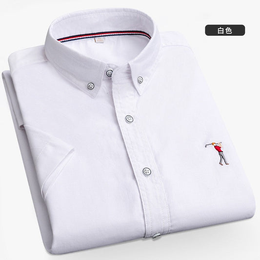 New Summer Short-sleeved Shirt Men's Solid Color Oxford Spinning Casual Embroidery Fashion Slim Shirt Short Men Drop Shipping