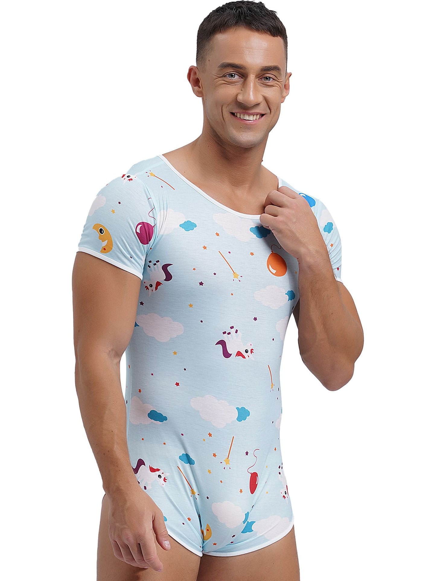 Mens Cute Cartoon Print Bodysuit Sissy Pajamas Short Sleeve Buttoned Crotch Diaper Rompers Gay Male Onesies Sleepwear Loungewear