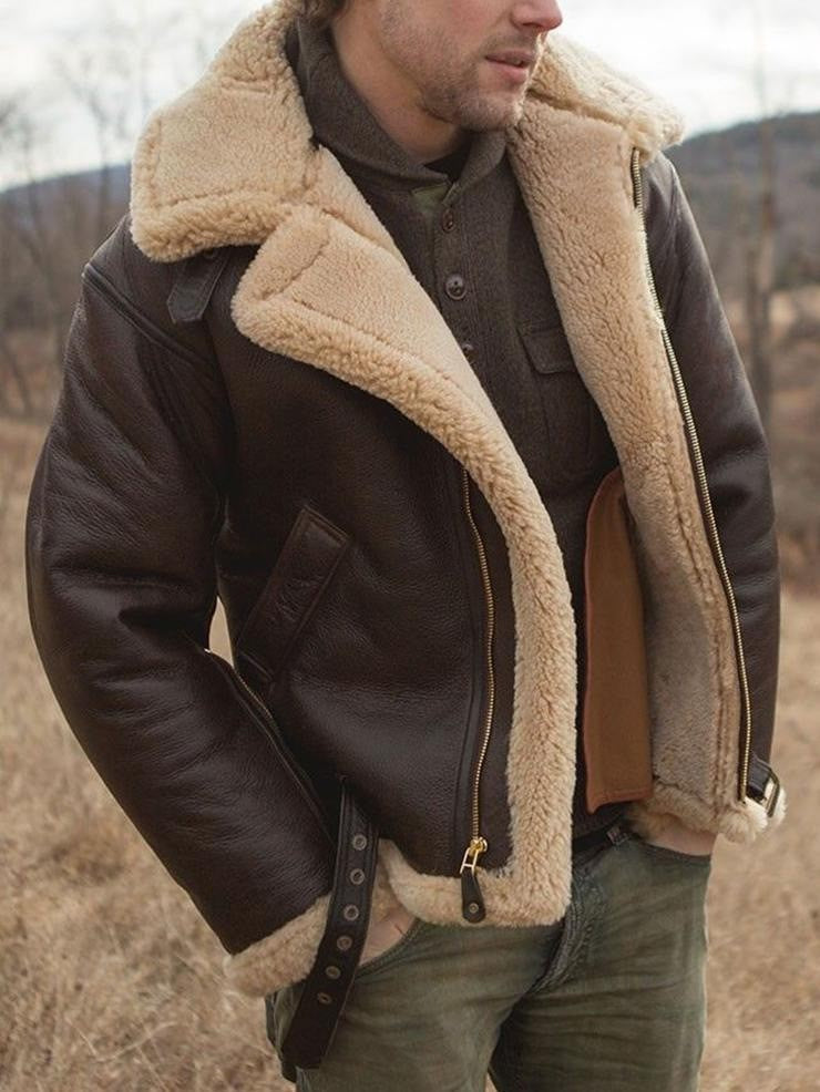 2025 Men's Winter Plush Leather Jacket Fashion Integrated Fur Thickened Warm Long Sleeve Cardigan Coats Leisure Versatile Jacket