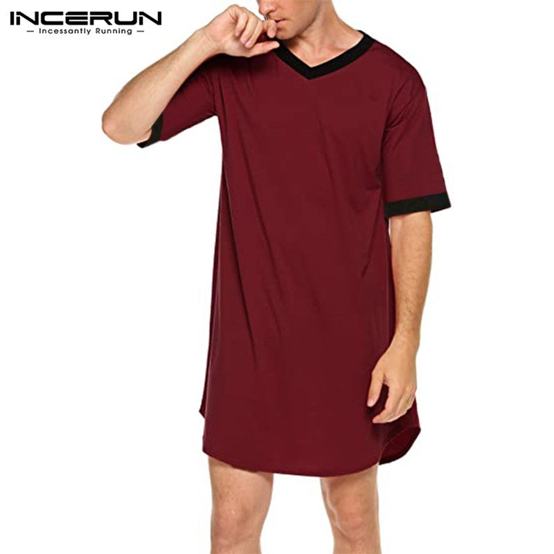 INCERUN 2024 Men Sleep Robes Short Sleeve V Neck Nightgown Patchwork Cozy Homewear Fashion Loose Mens Bathrobes Dressing Gown