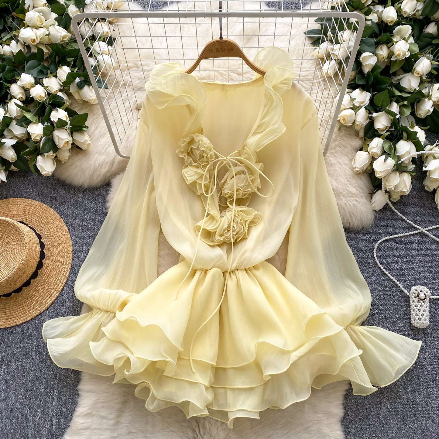 SINGREINY 3D Floral Beach Short Dress Female Long Sleeves Lace Up Ruffle Chiffon
