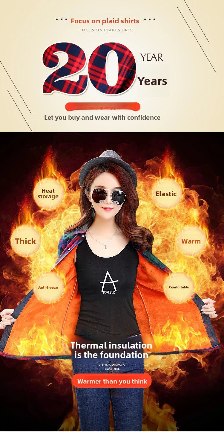 Thickened Fleece Women's Casual Shirt Korean Style All-Match Slim Fit Warm Plaid Elastic Large Size Button down Coat