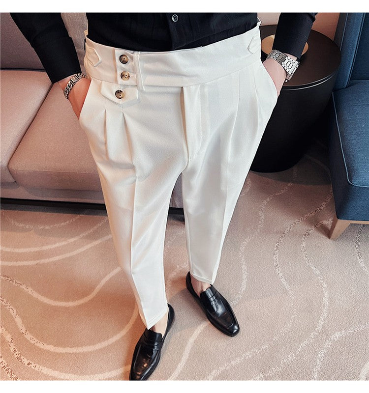 British Style Spring New Solid Business Casual Suit Pants High Waist Button Men Formal Pants High Quality Slim Office Trousers