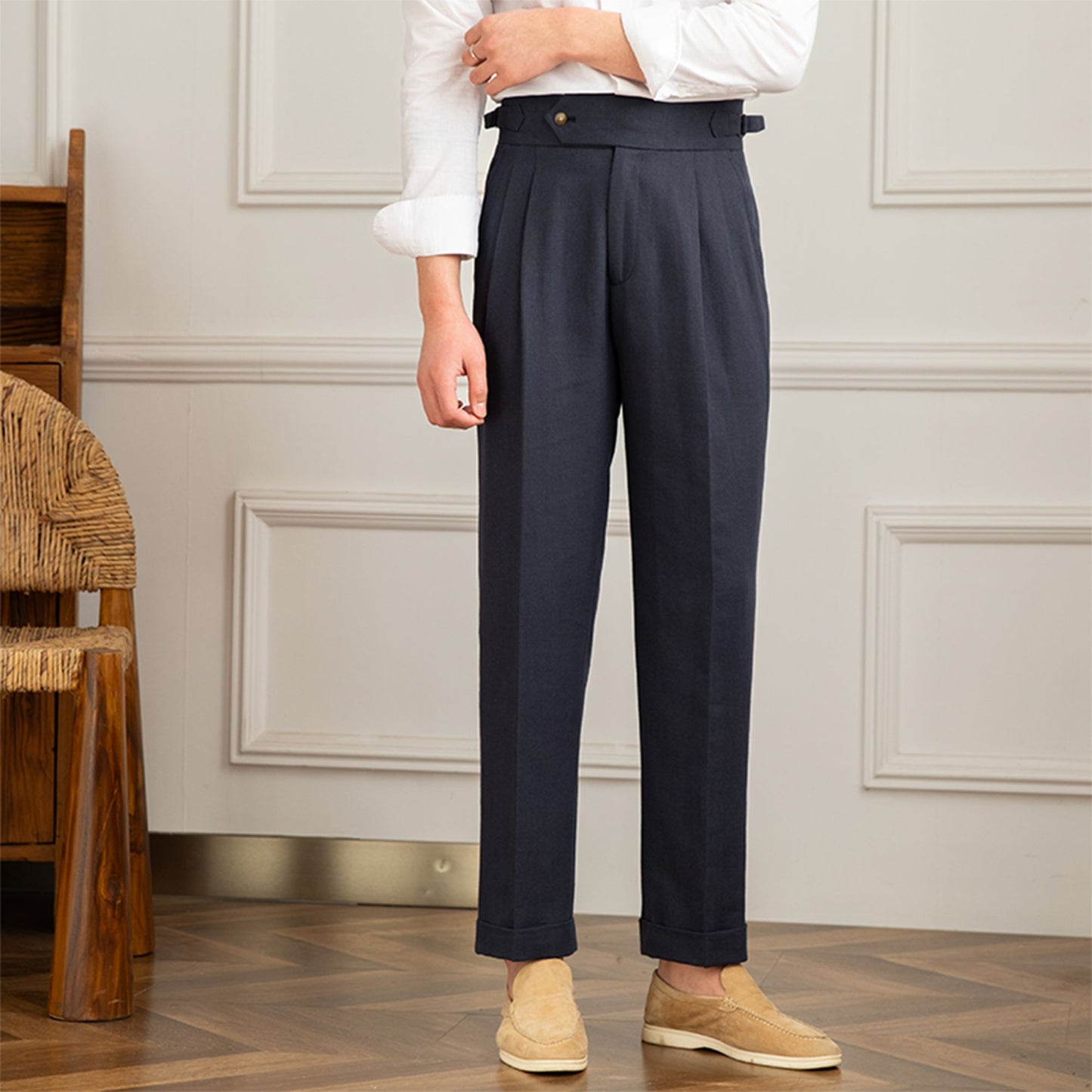 Three Gentleman Summer Naples Casual Straight Pants Men's Commuting Cotton and Linen Comfortable Breathable High Waist Pants
