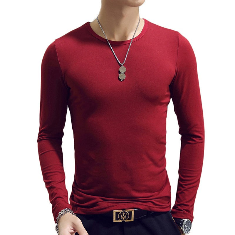 White Solid Color Basic Slim Men T-shirt Spring Autumn Bottoming Shirt Men Round Neck V-neck Casual Tops Long-sleeve Shirts