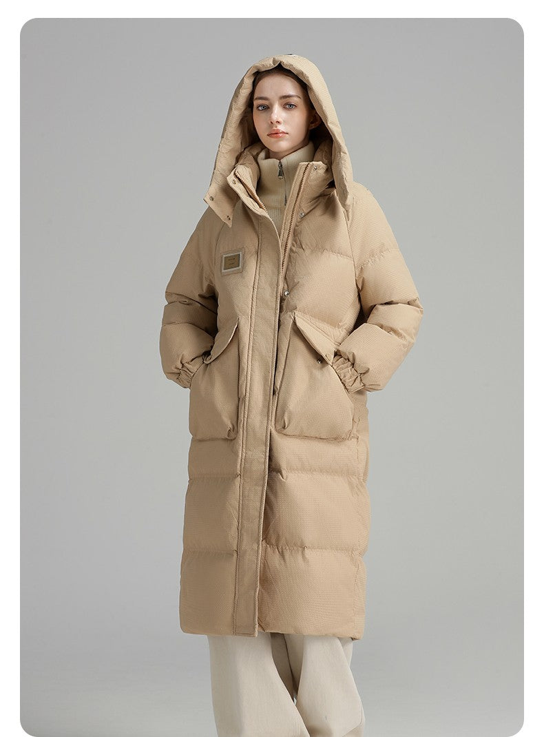 CLARKE QUEEN Long Down Jacket for Women Winter Duck Down Coat Hooded Over-the-Knee Casual Thickened Fitted Padded Puffer Coat