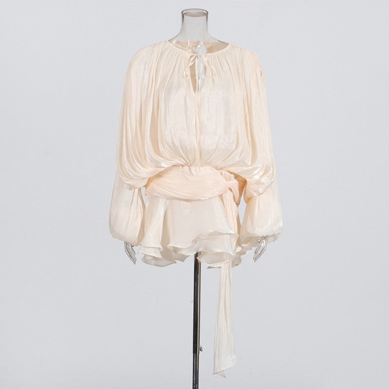 TWOTWINSTYLE Elegant Ruched Mini Dress For Women Round Neck Lantern Long Sleeve