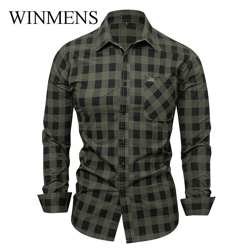 Men's Checked Shirt 2025 Autumn Winter Long Sleeve Quality Cotton Casual Basic Tops Turn-down Collar Relaxed Cargo Shirts