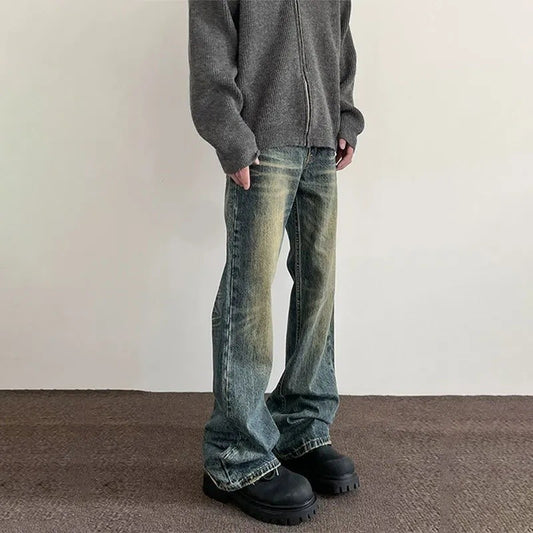 Vintage American Style Men's Straight-Leg Slimming Long Jeans Distressed Washing Denim Pants Trendy Brand Bootcut Pants