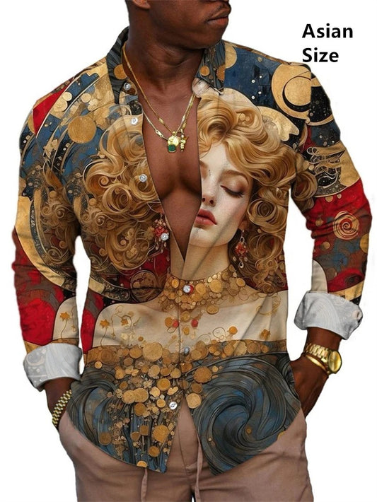 Court Style Button Down Men's Shirt Luxury Watercolor Beauty 3D Print Mens Shirts Long Sleeve Casual Vintage Art Pattern Shirt
