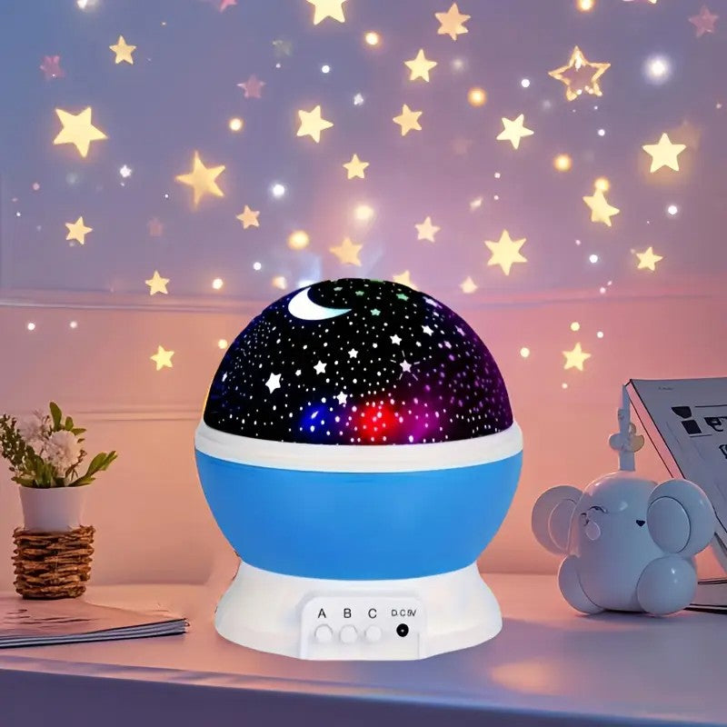 Projetor de luz noturna estrelada alimentado por USB com lua e estrelas – giratório em 360°, 9 modos de cores