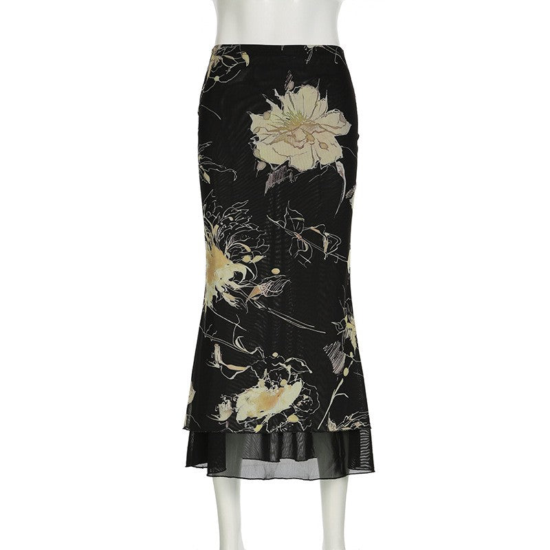 Goth Dark Y2K Aestheics Double Layer Mesh A-line Skirt Women Fashion Florals Pri