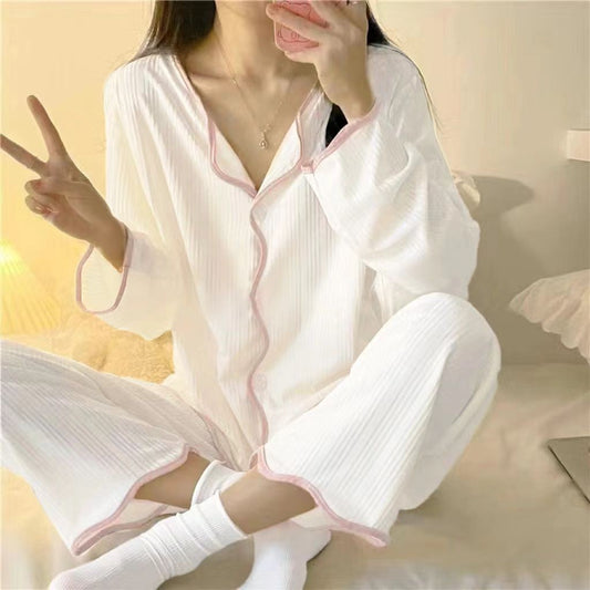 Ins style women's simple long sleeved long pants pajama set Spring/Autumn girl style solid color sweet cardigan home suit set