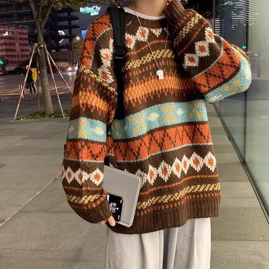 Japanese Vintage Sweater Men's Trendy Ethnic Striped Loose-Fit Knitted Top Casual Crew Neck Idle Style Couple Model Sweater