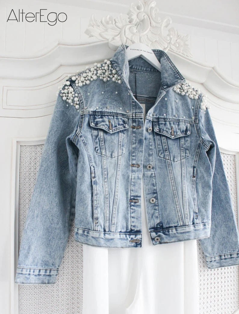 Luxury Jean Jackets Bride Pearl Denim Coat Bridal Pearls Coats Future Denim Outerwear Wedding Women's Clothing 2023 Solid Jacket