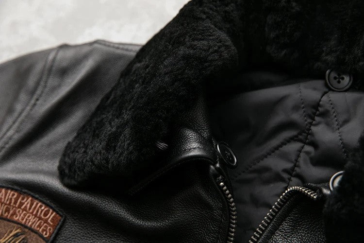 Detachable Natural Fur Collar Genuine Cowhide Men Leather Jacket Patches Flight Air Force Pilot Coat Winter Bomber