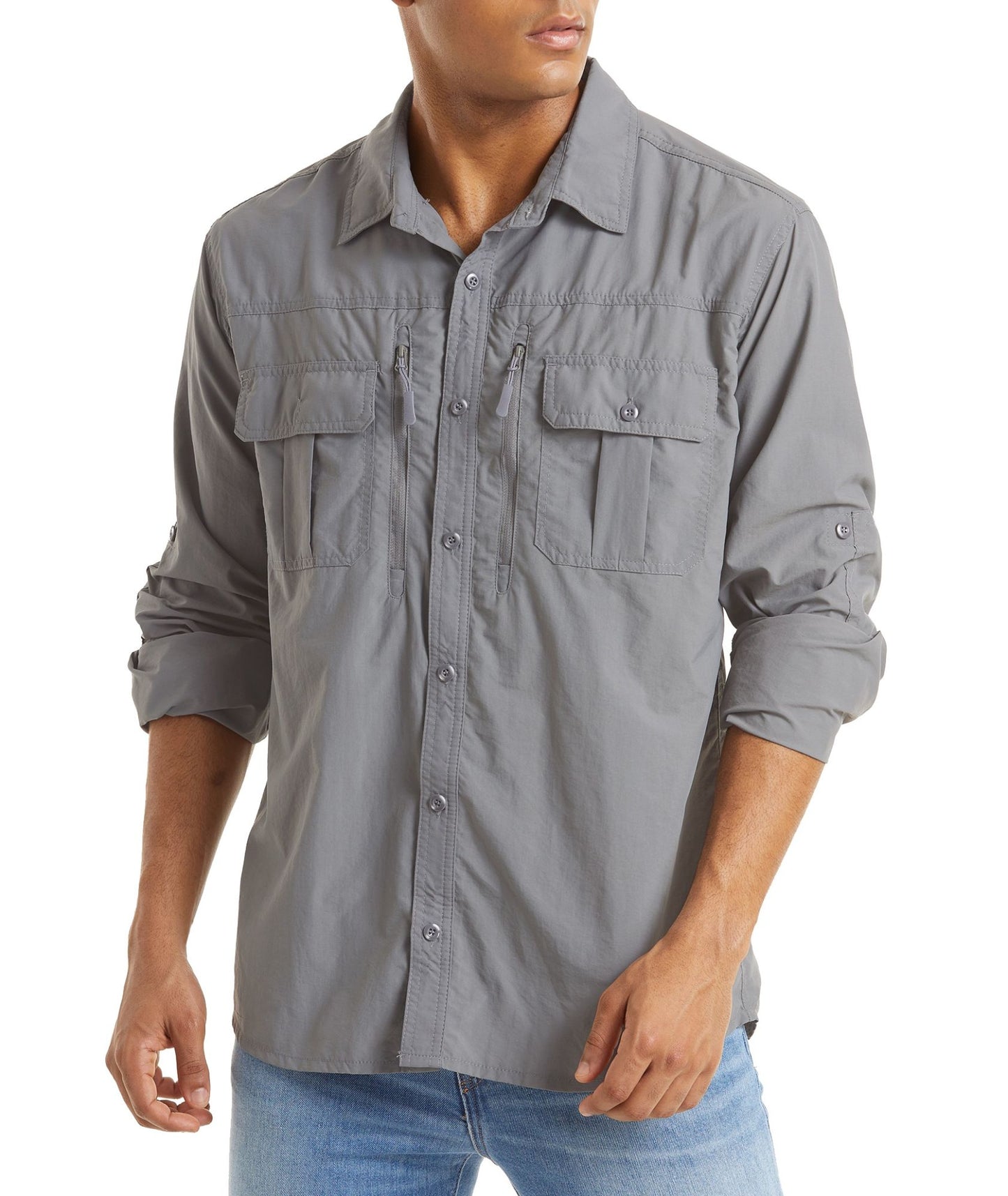 TACVASEN With 2 Chest Zipper Pockets Cargo Shirt Men's Quick Drying Skin Protective Long Sleeve Work Shirt Male Tops Outdoor