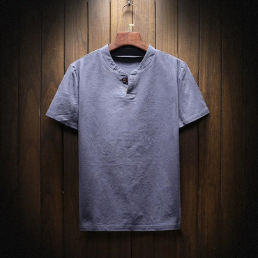 Men's Summer Loose-fit Short Sleeve Linen T-shirt Cotton Linen Body Solid Color Breathable V-neck Thin Top
