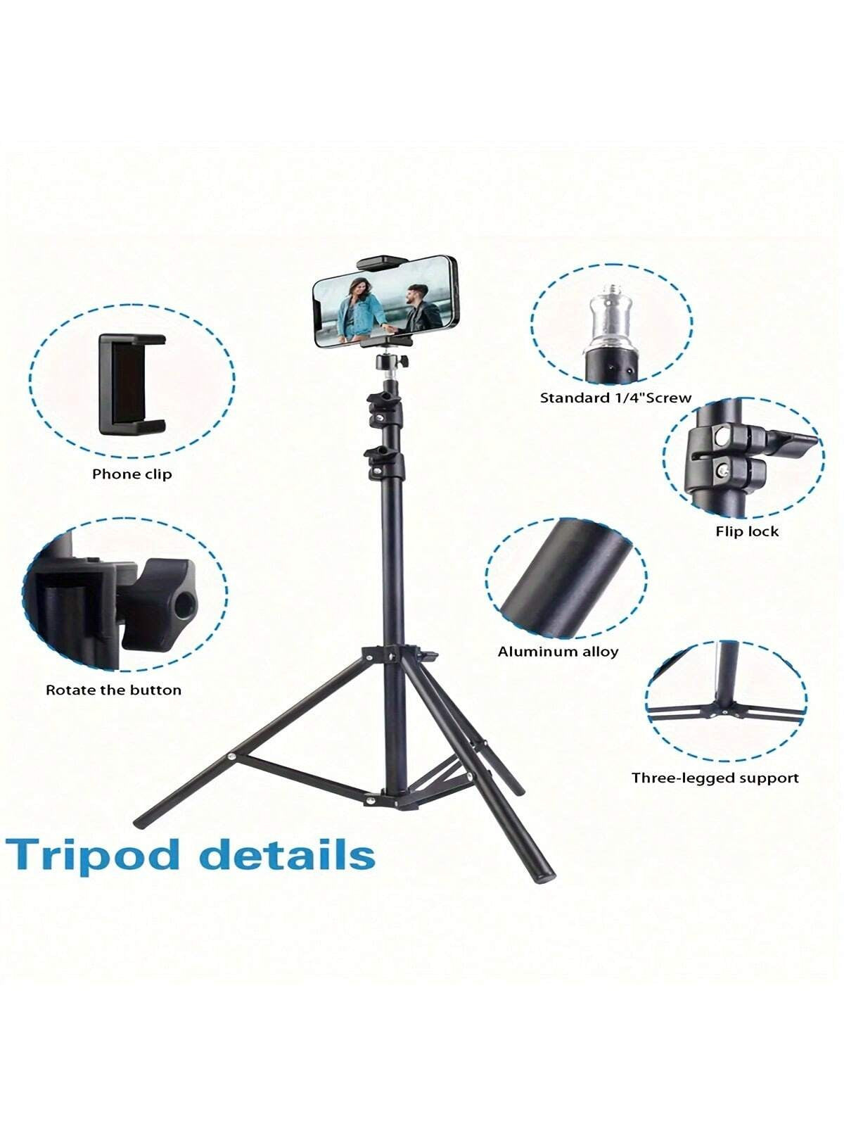 1 tripé multifuncional de 160,02 cm com tripé dobrável e clipe de suporte para celular, tripé para celular e câmera