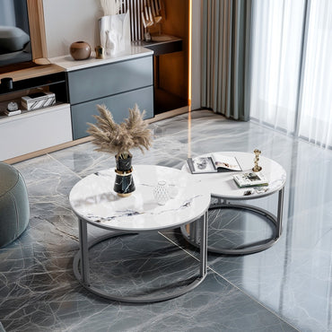 Nested Coffee Table: Set of 2 Modern Round Nesting Coffee Table Sintered Stone-top Stacking Sofa Accent Table for Living Room