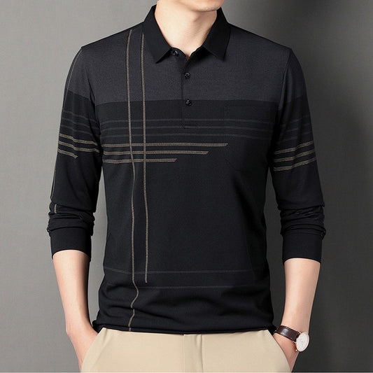 New Men's Polo Shirt Long-sleeved Polos Shirt Lapel Fashion Spring and Autumn Thin Shirt Casual Loose Tops Striped Streetwear