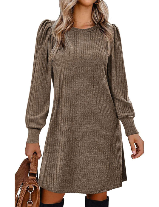 Y2K autumn and winter women's crew neck solid color sweater bubble sleeve fashion commuter dress comfortable casual loose dress