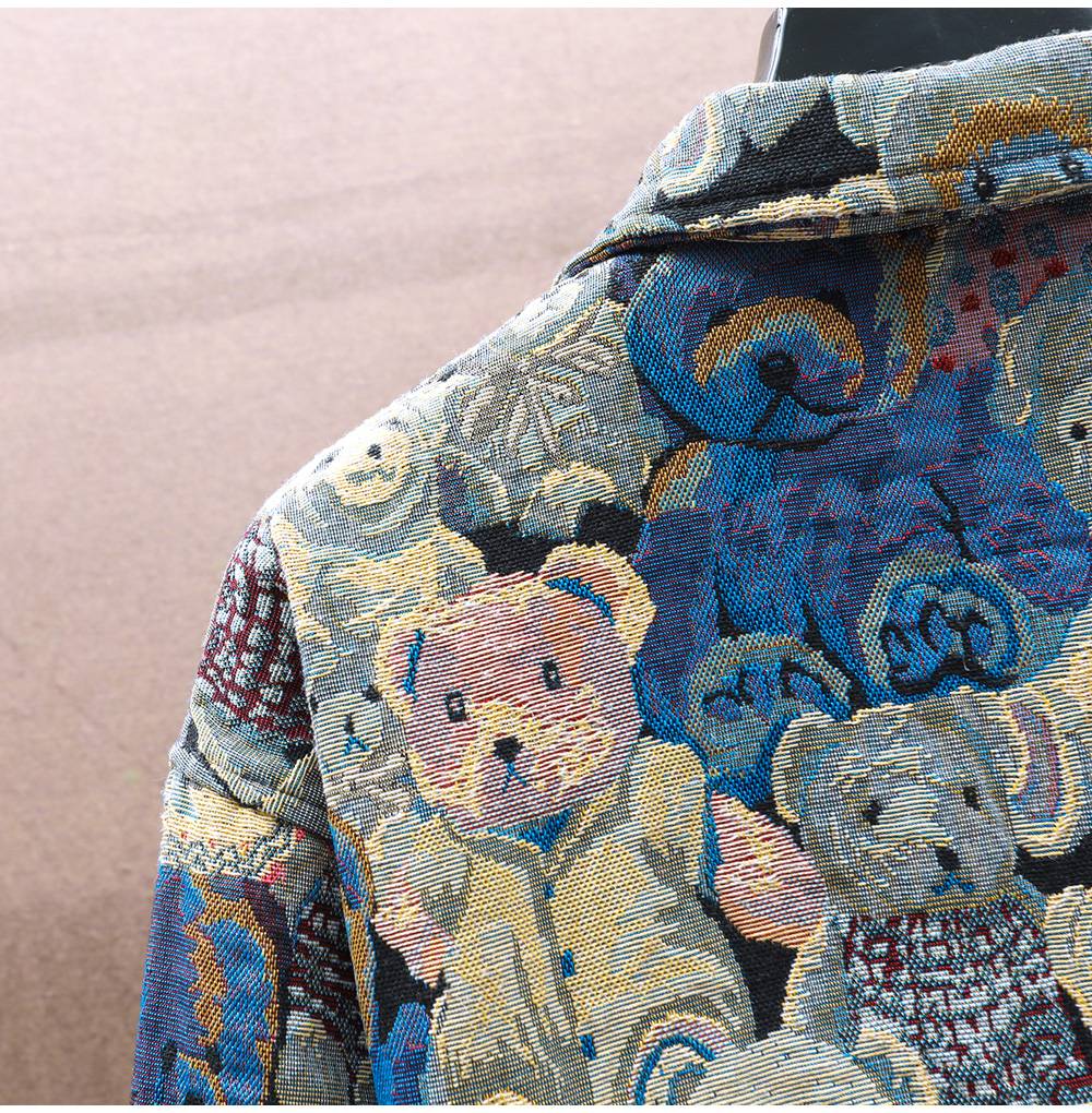 Men Teddy Bear 3/4 Sleeve Jacket Fashion Animal Pattern Coat Jacquard Woven Top Outerwear