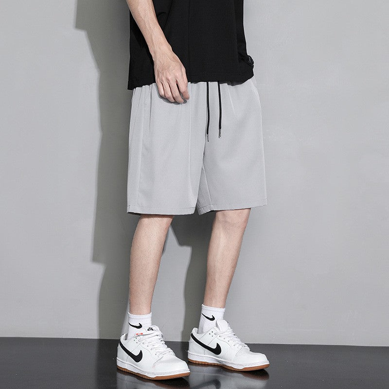 Summer Loose-fit Men's Sports Mid-waist Shorts Lightweight Black Ice Silk Five-poin