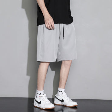 Summer Loose-fit Men's Sports Mid-waist Shorts Lightweight Black Ice Silk Five-poin