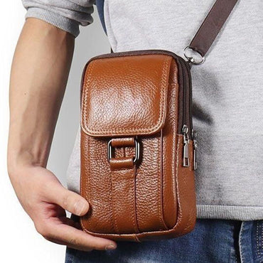 Portable Men Messenger Bags Cowhide Leather Cell Phone Belt Pack Fashion Simple Multi-pockets Casual for Outdoor Sport