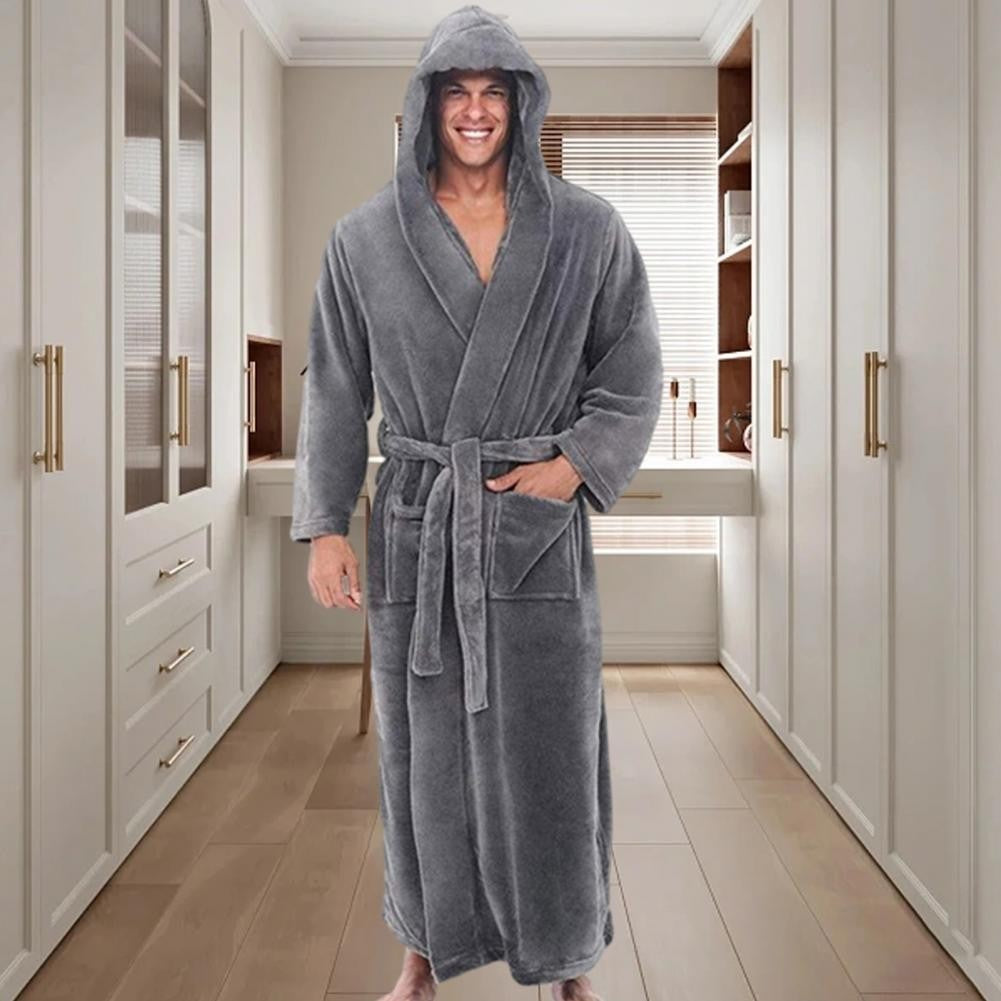 Men Hooded Bathrobe Kimono Soft Fluffy Water Absorbent Hooded Fleece Bathrobe Shower Wrap Extra Large Bathrobe Sleepwear Lounge
