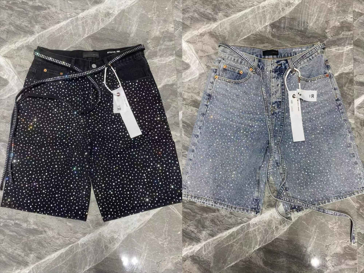 Streetwear Mens Womens Vintage Rhinestone Sequin Denim Shorts Y2K Jeans Hip Hop Washed Baggy Jeans Low Rise Over The Knee Pants