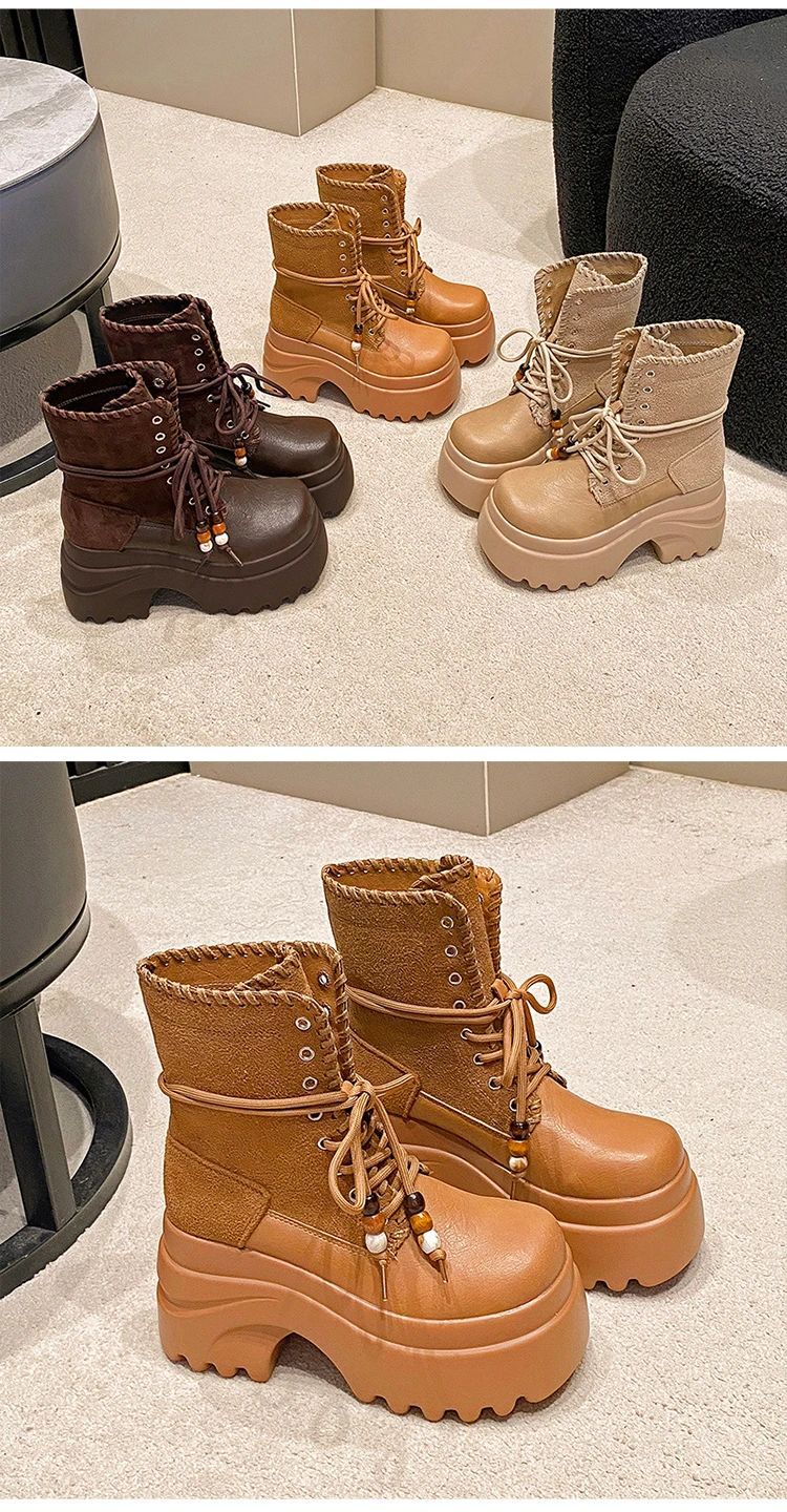 High Platform Women Motorcycle Boots 9CM Wedge Heels Walking Ankle Shoes New 2025 Autumn Winter Lace-up Modern Short Booties