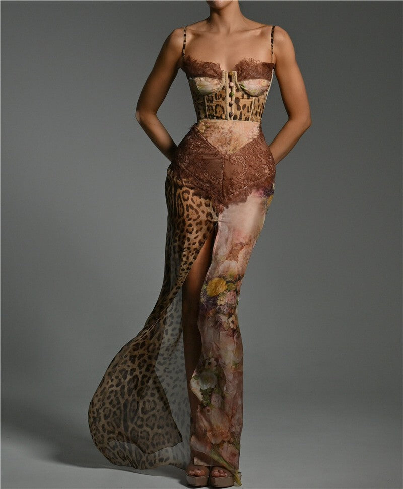 Mozision Leopard Print Lace Split Sexy Maxi Dress Women Gown Elegant Patchwork C