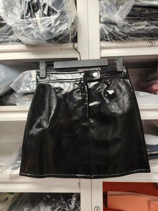 Trendy Luxury French Cou Logo Silhouette PU Leather Jacket Black Wine Red Short Coat Half Skirt Set Women's Fashion Outerwear