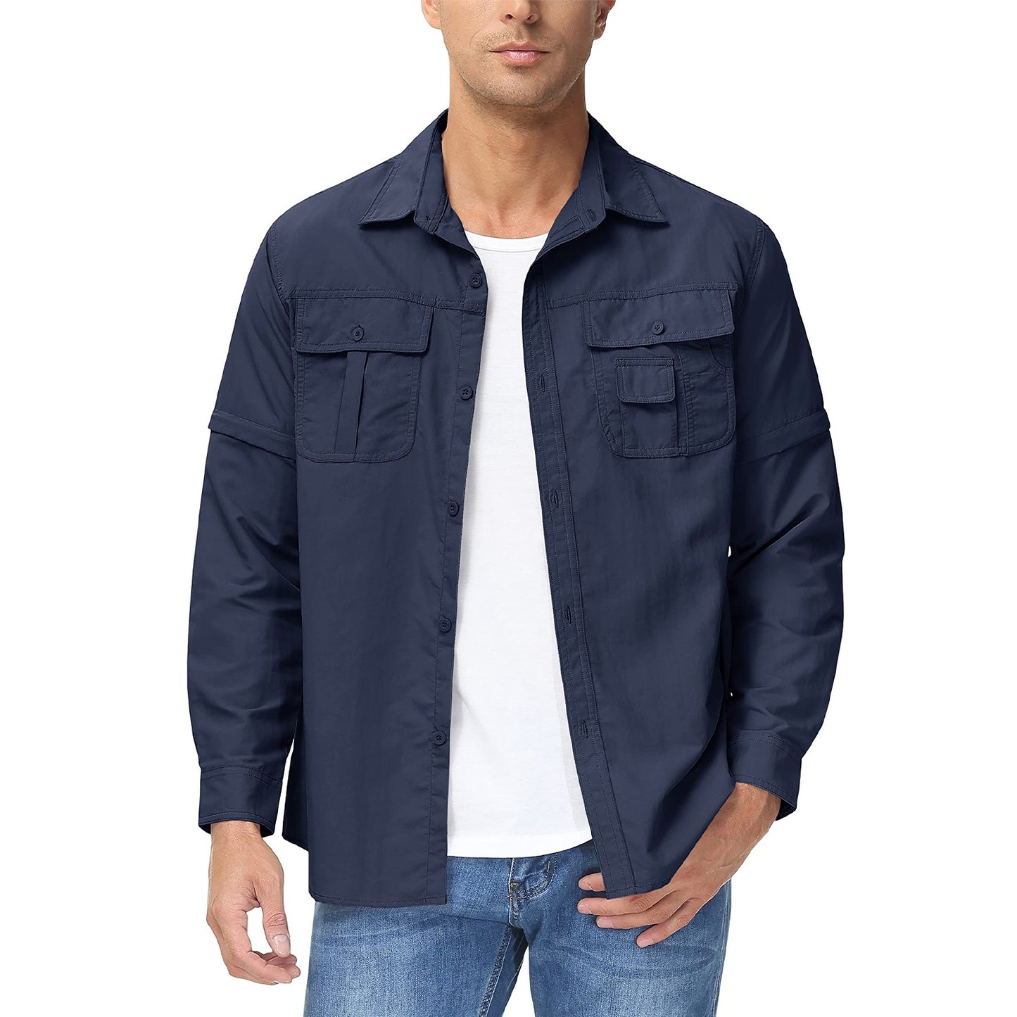 TACVASEN Summer Quick Dry Long Sleeve Cargo Work Shirts with Pockets Mens Safari Hiking Shirts Button Down Shirts Clothes Males