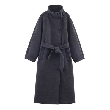 Women's Coat 2025 Autumn and Winter New Style Gray Long-Sleeve Belted Single-Breasted Stand Collar Loose Coat Fashionable