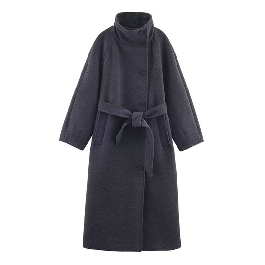 Women's Coat 2025 Autumn and Winter New Style Gray Long-Sleeve Belted Single-Breasted Stand Collar Loose Coat Fashionable