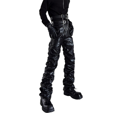 Mauroicardi Spring Autumn Cool Long Ruched Soft Black Pu Leather Stacked Pants for Men Luxury Designer Cyberpunk Rock Clothes