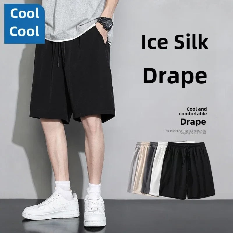 Summer Loose-fit Men's Sports Mid-waist Shorts Lightweight Black Ice Silk Five-poin