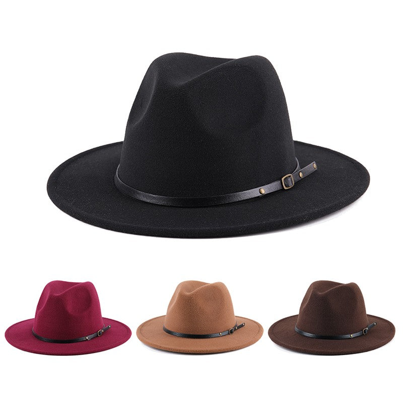 Fedora Hat For Men Women Solid Color Imitation Woolen Jazz Caps Elegant Female British Retro Wide Brim Cap Church Wedding Bowler