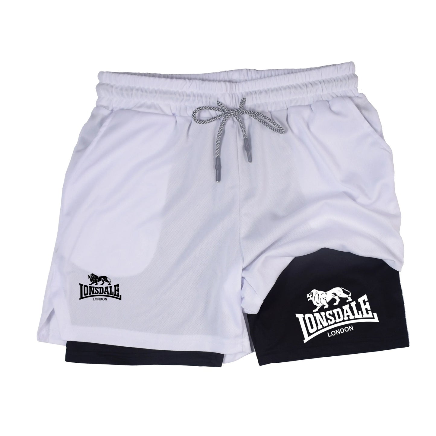 2 in 1 Running Shorts Men Workout Lonsdale Compression Shorts with Phone Pocket Towel Loop Summer Sport Athletic Activewear