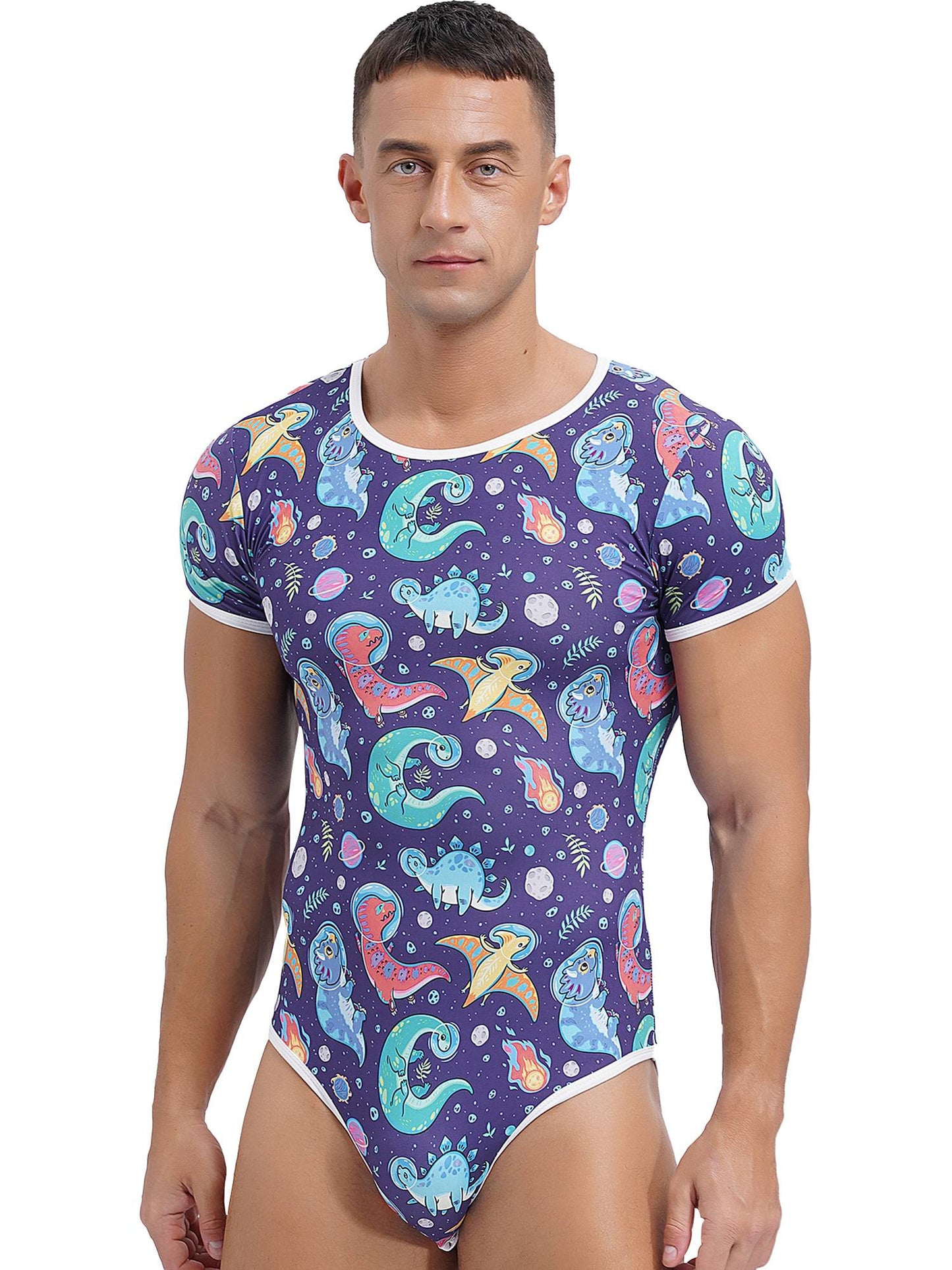 Mens Cute Cartoon Print Bodysuit Sissy Pajamas Short Sleeve Buttoned Crotch Diaper Rompers Gay Male Onesies Sleepwear Loungewear