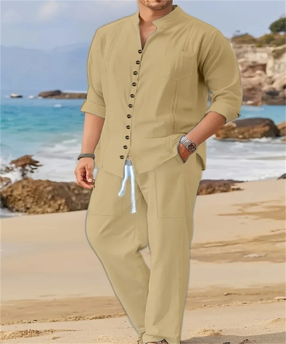 2025 Spring and autumn Cuban style fashion men's shirt trend casual multi-button stand collar loose long sleeve pants beach suit