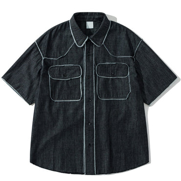 Vintage Raw Edge Denim Shirts Mens Streetwear Harajuku Short Sleeve Shirt Men Loose Casual Cargo Blouse Japan Style Tops Male